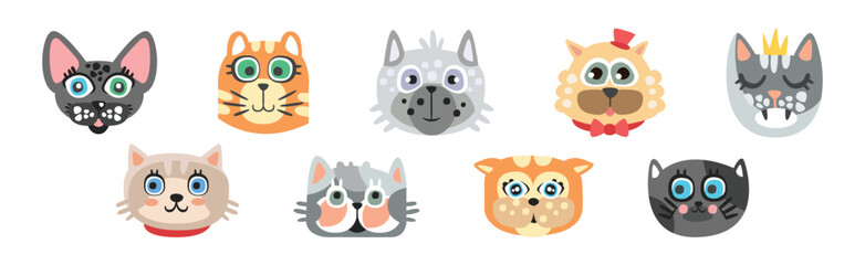 Funny Cat and Dog Muzzle and Smiling Snout Vector Set