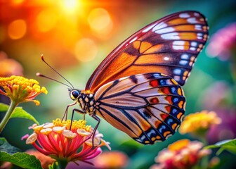Obraz premium Close-up of a butterfly with intricate details in vibrant colors showcasing delicate wings, macro photography, soft focus, warm lighting, and whimsical concept.
