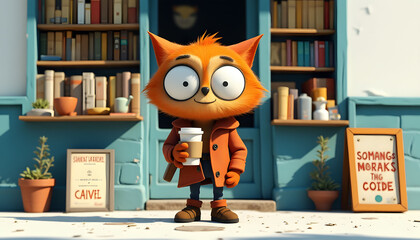 Cute Orange Cartoon Cat with Coffee in Front of a Shop