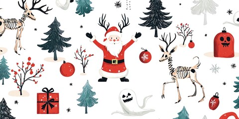 Spooky Christmas pattern with Santa, reindeer, and ornaments.