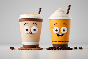 Funny Coffee Cups with Whipped Cream and Coffee Beans