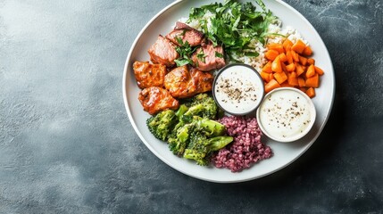 A vibrant plate containing various vegetables, grilled meat, mixed grains, and two side sauces, garnished with fresh herbs, arranged beautifully in a white bowl.
