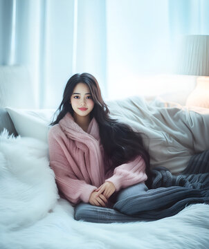 beautiful korean brunette woman in her 20s relaxing on sofa; cozy, bright insides; copy space