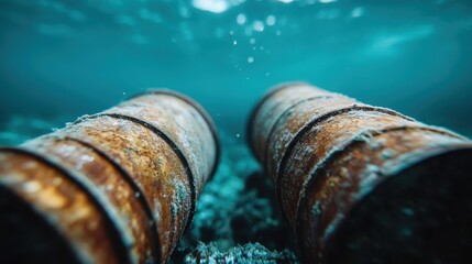 An underwater scene showing two rusted barrels resting on the ocean floor, surrounded by a blue aquatic environment, depicting decay and the passage of time.