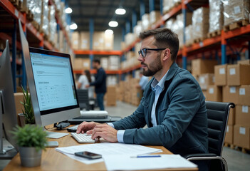 A logistics manager at a desk in a busy warehouse, focused on inventory data with stacks of boxes and shelves in the background.







