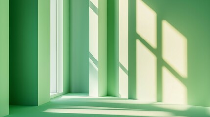 Obraz premium Minimalistic Abstract Green Gradient Background With Sunlit Geometric Shapes in a Modern Interior Space
