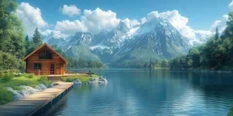 Fototapeta premium Wooden Cabin by a Lake with Mountain Views