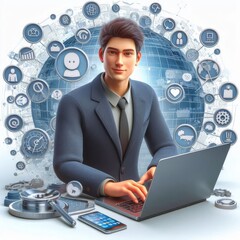3D illustration of male guy Qadir with laptop. social media concept.3D rendering on white background.
