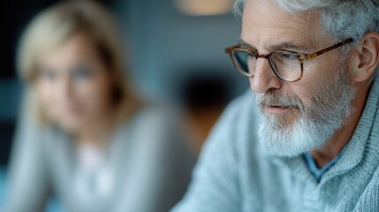 An elderly man with glasses and a gray beard, wearing a light sweater, looks focused and serious while engaged in an activity, with a person blurred in the background.