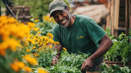 Fototapeta premium A photo of an organic farm in New York City. The farmer in a green shirt picks fresh vegetables and herbs from his garden, wearing a baseball cap. He smiles as he brings his produce to his work area. 