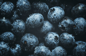 Incredible sight of purple blueberries shimmering in drops of water. Wet drop blueberrie background.