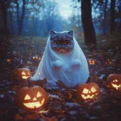 Naklejka premium cat dressed as a ghost in a spooky forest