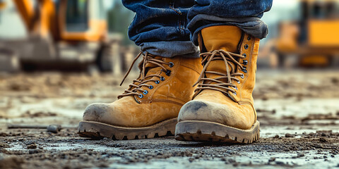 Closeup of industry construction worker legs feet wearing boots shoes on site, copy space. Safety and protection footwear equipment for job occupation, work clothing uniform, factory, labor