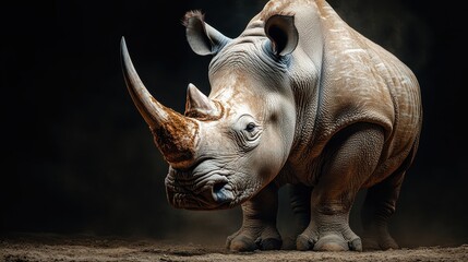 Fototapeta premium A stately rhinoceros standing tall in its natural environment, with a dusty ground beneath, emanating strength and resilience against a stark backdrop.
