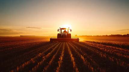 A tractor drives through a field at sunset, creating a dramatic silhouette against the golden sky.