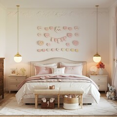 Wide angle image of the dream bedroom of many girls. The room is decorated in soft white tones and cute decorations. The room was lit with warm lamps.