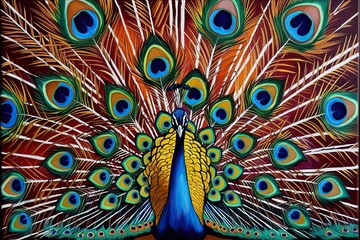 Vibrant Peacock Tail Oil Painting on Canvas with Energetic Brushstrokes