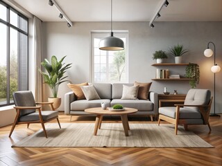 A serene living room features a sleek couch, armchair, and coffee table arranged around a plush rug, creating