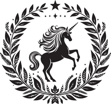 unicorn laurel wreath,elegant vector style,silhouette vector,black and white color