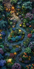 Fototapeta premium Enchanting fairy tale garden, diverse flora, twilight, bird's-eye view, vibrant colors, intricate paths, wide-angle lens