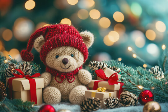 Knitted cute brown bear in red hat, hand made gift for christmas, background  with copy space on the right.