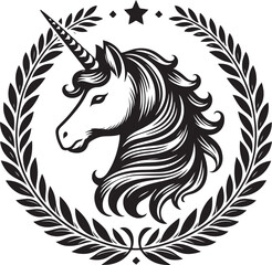 Obraz premium unicorn laurel wreath,elegant vector style,silhouette vector,black and white color