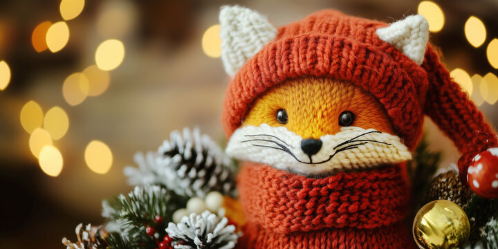 Knitted smiling fox in red hat  -  cute hand made toy christmas gift, background with copy space on the left, banner. 