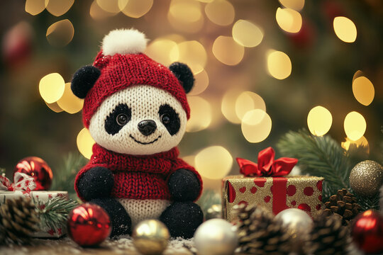 Panda hand made toy - knitted cute animal in red hat  for the christmas  gift,  background  with copy space on the right.