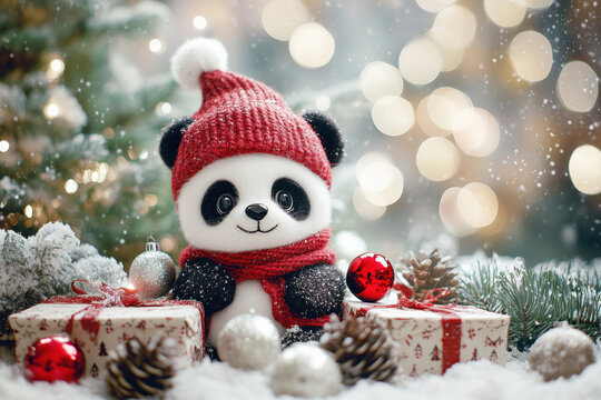 Panda hand made toy - knitted cute animal in red hat  for the christmas  gift,  background  with copy space on the left.