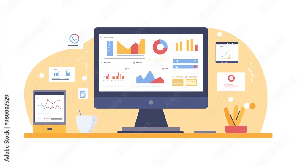 Poster desktop with analytics charts and data visualization