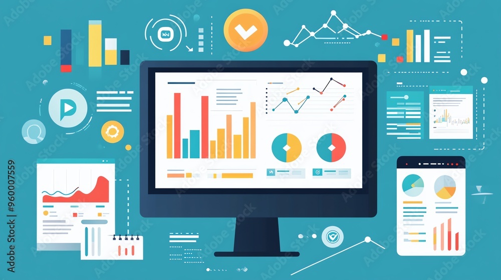 Poster business analytics dashboard with charts and graphs on desktop and mobile devices