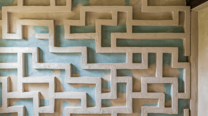 A photo of a textured wall with a unique pattern of alternating squares. The wall has a beige hue, and the squares are painted in a soft blue and beige. The wall has some cracks