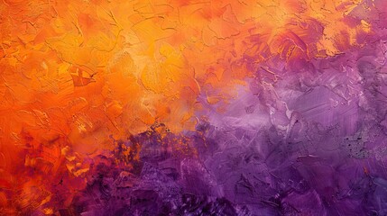 Fototapeta premium Dynamic orange and purple wallpaper with textured brushstrokes on rough canvas