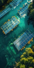 Floating solar panels, reservoir, clear waters, bird's-eye view, renewable energy, vibrant reflections, wide-angle lens