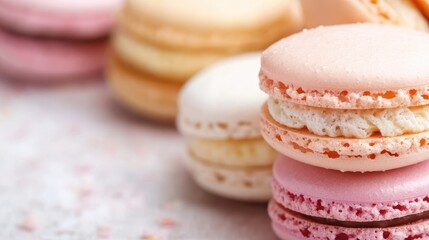 Fototapeta premium A delightful assortment of colorful French macarons arranged in pastel hues, showcasing their delicate textures and inviting flavors, evoking a sense of elegance and indulgence.