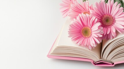 An open book lies flat with two delicate daisies placed gently on its pages, presenting a serene and inviting atmosphere ideal for nature lovers and readers.