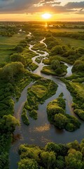 Naklejka premium Floodplain restoration, winding river, sunrise, bird's-eye view, flood control, detailed vegetation, wide-angle shot