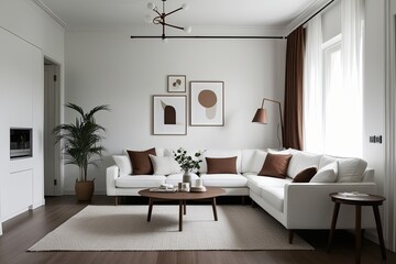 Fototapeta premium Scandinavian Minimalist Living Room Decor with White Walls and Brown Accents