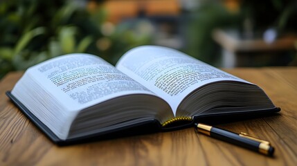 Fototapeta premium Open Book with Pen on Wooden Table - Study, Knowledge, and Reflection