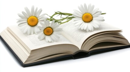 An open book lies flat with two delicate daisies placed gently on its pages, presenting a serene and inviting atmosphere ideal for nature lovers and readers.