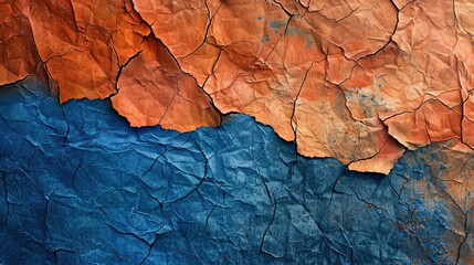 Cobalt blue and terracotta wallpaper textured like aged parchment with visible creases