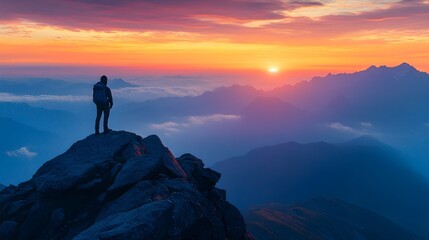 Fototapeta premium Silhouette of Man on Mountain Peak at Sunrise