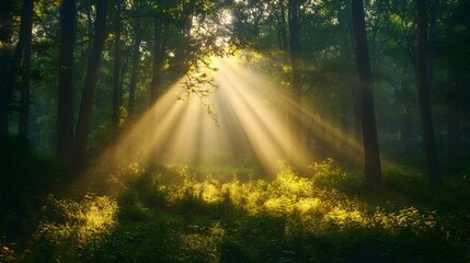 Fototapeta premium Sunbeams Through Misty Forest - Golden Light Nature Photography