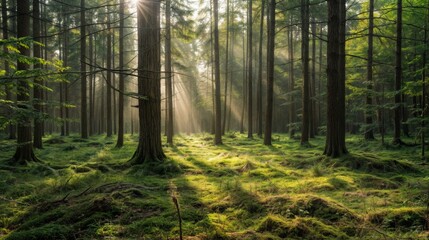 Fototapeta premium Sunbeams gently filtering through tall trees in a serene forest, illuminating the lush green moss-covered ground..