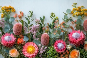 stunning flat lay of australian native flora featuring vibrant proteas banksias and eucalyptus arranged artfully on crisp white background celebrating natural beauty and botanical diversity