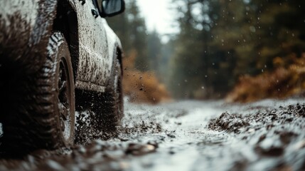 A powerful SUV is depicted driving through a muddy forest trail as the rain pours down, showing off-road capability and adventure during wet weather conditions.