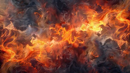 Powerful swirling flames in vibrant red orange and yellow on a smoky backdrop
