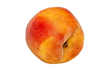 Single wet ripe peach with visible water drops isolated on white background. Vitamins, diet, health.