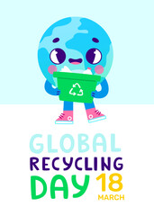Eco poster with retro cartoon earth planet holding container. Global recycling day vector banner for kids.