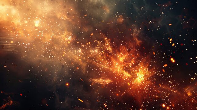 Fiery explosion with sparks and glowing embers radiating from a dark smoky backdrop